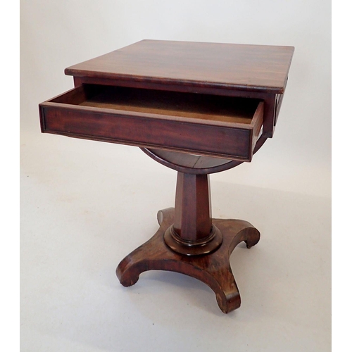 1408 - A 19th century mahogany occasional table with frieze drawer over inverted bow support on quadruple b... 