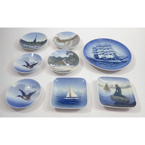 141 - Seven various Copenhagen pin dishes and a plate painted sailing ship,