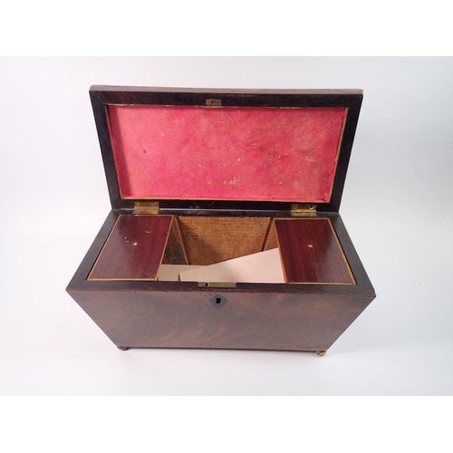 1410 - A 19th century mahogany tea caddy with lion ring handles and ball feet, 30.5cm wide