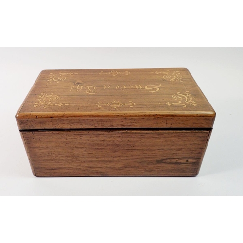 1412 - A 19th century French rosewood and inlaid 'Sugar' and 'Tea' casket, 25cm wide