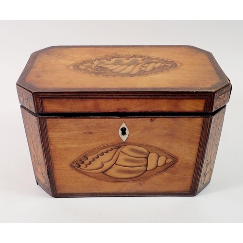 1413 - A George mahogany III tea caddy inlaid with satinwood shell to top and front, 19 x 10.5 x 12cm