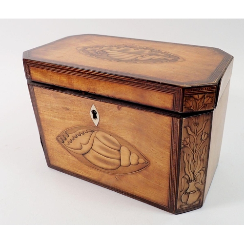 1413 - A George mahogany III tea caddy inlaid with satinwood shell to top and front, 19 x 10.5 x 12cm