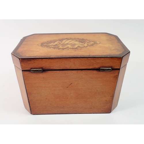 1413 - A George mahogany III tea caddy inlaid with satinwood shell to top and front, 19 x 10.5 x 12cm