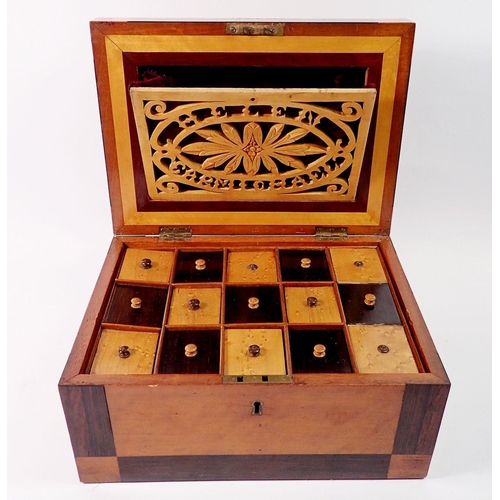 1414 - A 19th century satinwood and rosewood jewellery box, the inner lid with carved floral panel and name... 