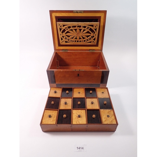 1414 - A 19th century satinwood and rosewood jewellery box, the inner lid with carved floral panel and name... 