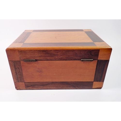 1414 - A 19th century satinwood and rosewood jewellery box, the inner lid with carved floral panel and name... 