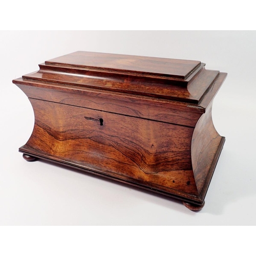 1416 - A Victorian rosewood sarcophagus form tea caddy with fitted interior but no bowl, 37cm wide