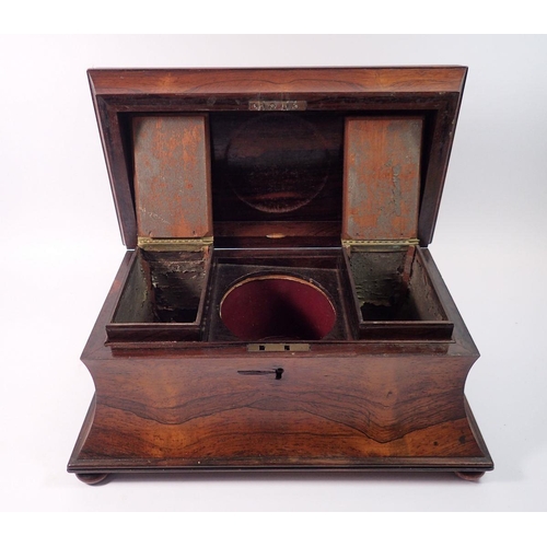 1416 - A Victorian rosewood sarcophagus form tea caddy with fitted interior but no bowl, 37cm wide