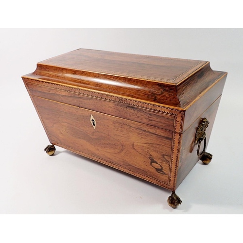 1418 - A 19th century rosewood inlaid tea caddy with fitted interior but no bowl, all on claw and ball feet... 