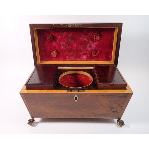 1418 - A 19th century rosewood inlaid tea caddy with fitted interior but no bowl, all on claw and ball feet... 