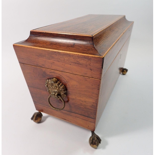 1418 - A 19th century rosewood inlaid tea caddy with fitted interior but no bowl, all on claw and ball feet... 