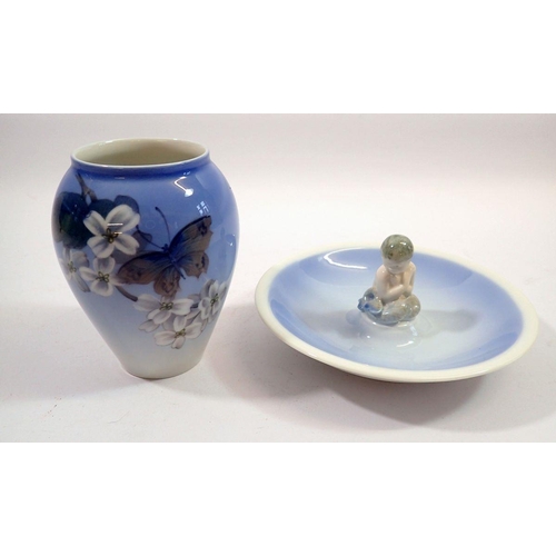 142 - A Copenhagen mermaid dish, 3231 and a vase painted blossom and butterfly, 11.5cm tall