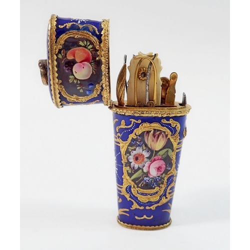 1422 - An 18th century South Staffordshire enamel etui circa 1760 to 1770 of tapered form with gilt metal m... 