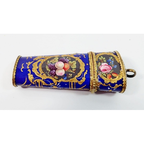 1422 - An 18th century South Staffordshire enamel etui circa 1760 to 1770 of tapered form with gilt metal m... 