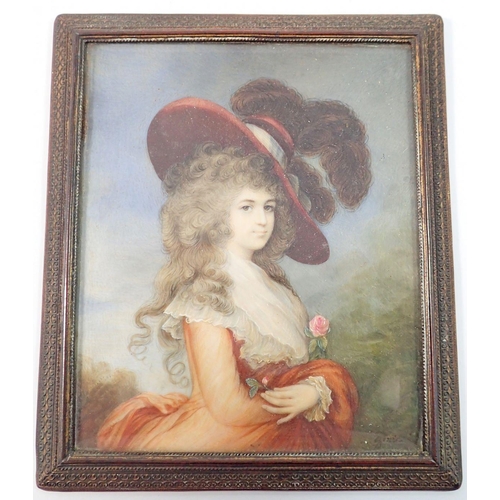 1423 - A 19th century painted on ivory miniature portrait of lady in the style of Gainsborough signed indis... 