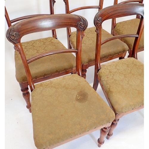 1438 - A set of six early 19th century rosewood dining chairs with scrollwork carved bar backs and turned s... 