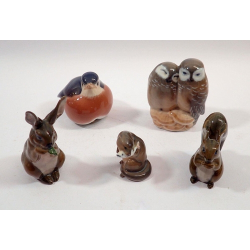 144 - A group of five Copenhagen animals and birds including rabbit and squirrel, 9cm tall