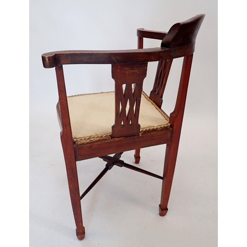 1448 - An Edwardian mahogany and satinwood inlaid corner chair