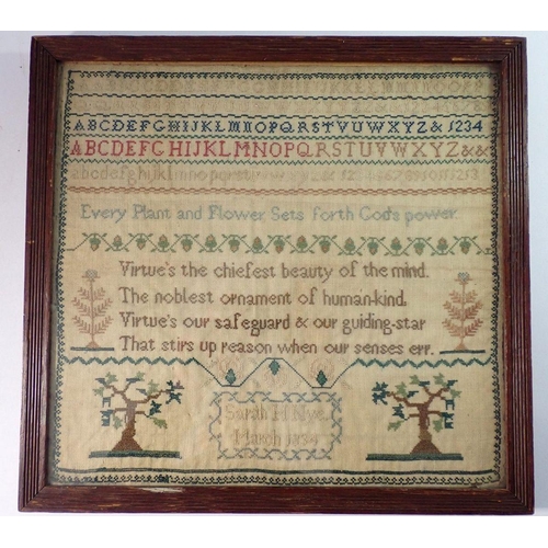 1456 - An early 19th century alphabet sampler with text and trees by Sarah M Nye 1834, 30.5 x 32.5cm