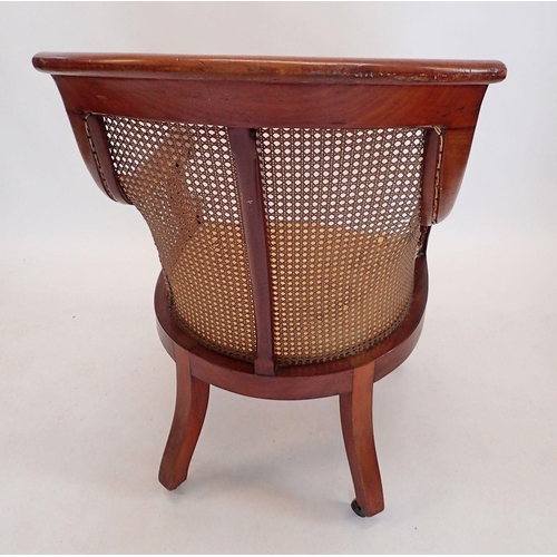 1457 - An early Victorian mahogany and cane library chair with scroll over arms on reeded supports