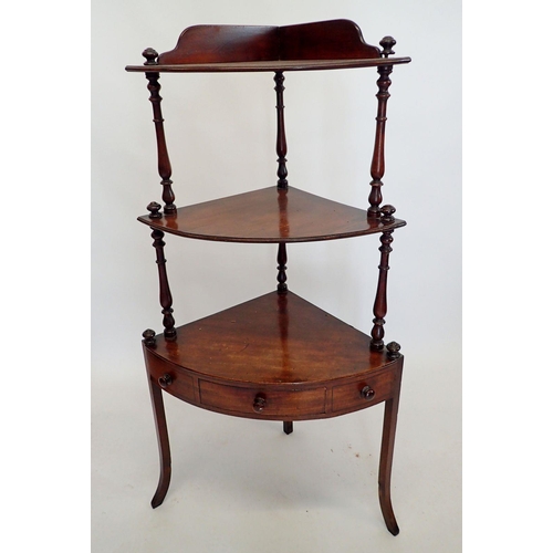 1458 - A 19th century mahogany corner whatnot with turned supports and drawer to apron, 126cm tall