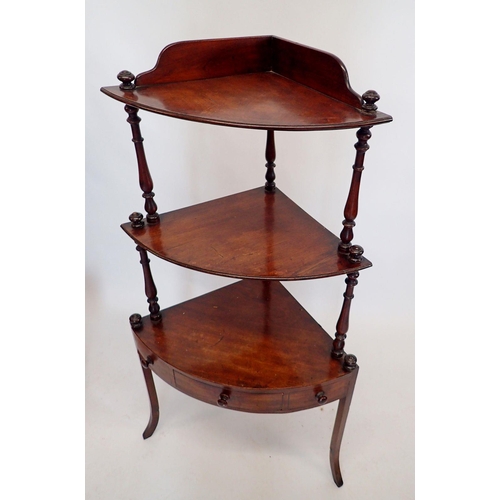 1458 - A 19th century mahogany corner whatnot with turned supports and drawer to apron, 126cm tall