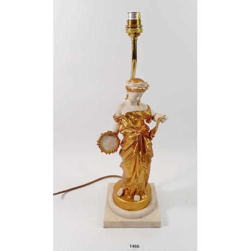 1466 - A simulated marble and gilt porcelain table lamp in the form of a maiden with tambourine, 45cm tall ... 