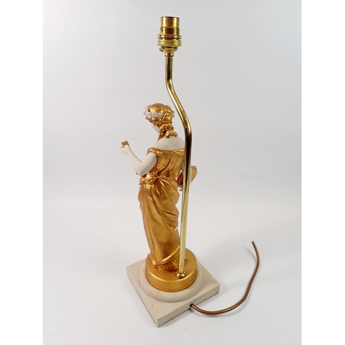 1466 - A simulated marble and gilt porcelain table lamp in the form of a maiden with tambourine, 45cm tall ... 