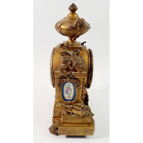 1467 - A 19th century French small gilt bronze mantel clock with Serves style porcelain panels and white en... 