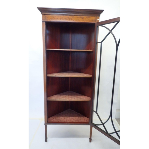 1472 - An Edwardian mahogany single door glazed corner display cabinet, 72 x 169cm tall