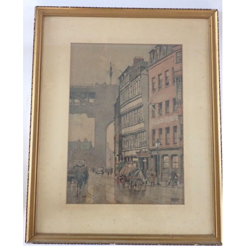 1481 - Fred Jay Girling - Watercolour quayside scene 'Old Houses in Newcastle' 1964, showing Bessie Surtie'... 