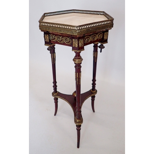 1485 - A French hexagonal marble topped mahogany occasional table with three slender supports united by und... 