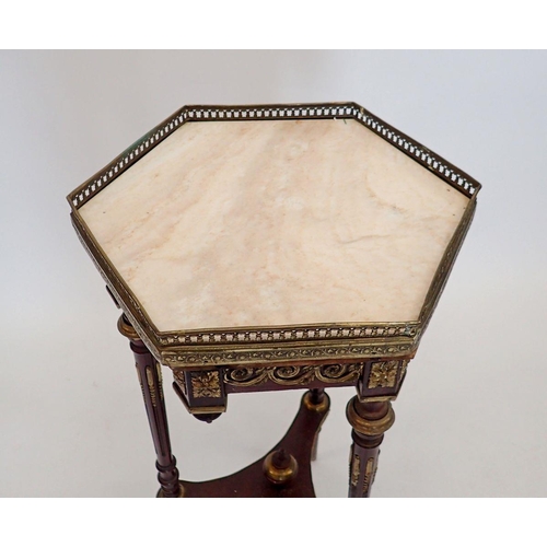 1485 - A French hexagonal marble topped mahogany occasional table with three slender supports united by und... 