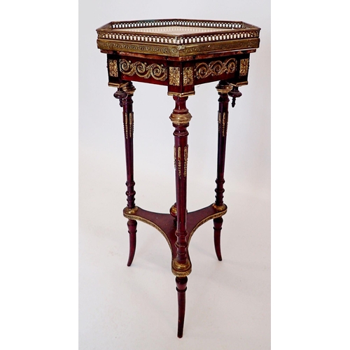 1485 - A French hexagonal marble topped mahogany occasional table with three slender supports united by und... 