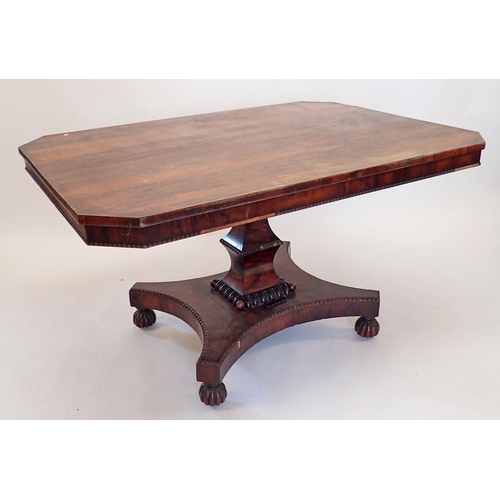 1487 - An early 19th century rosewood square tilt top breakfast table with beaded decoration and quadruple ... 