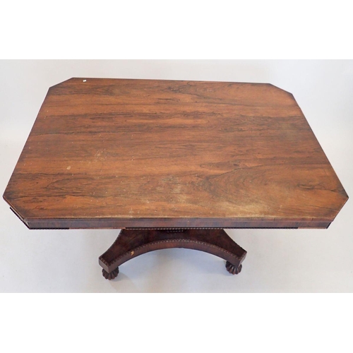 1487 - An early 19th century rosewood square tilt top breakfast table with beaded decoration and quadruple ... 