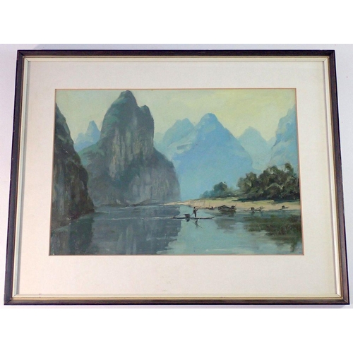 1492 - Wang Ke Da - Chinese oil on paper oriental landscape with boat, 25.5 x 37cm