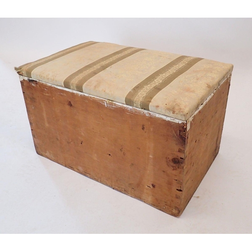 1493 - An old pine box with upholstered top, 56 x 35 x 33cm