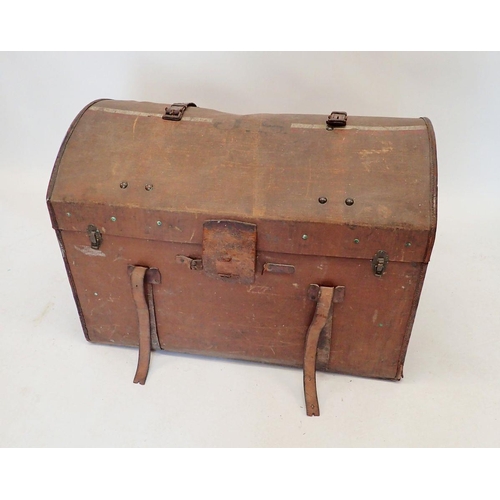 1495 - A Lipostra dome topped hessian clad trunk with leather handles, trim and straps with triangular bras... 