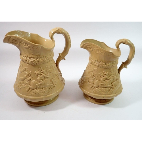 160 - Two Ridgeways stoneware press moulded jugs decorated Tom-O-Shanter, largest 24cm