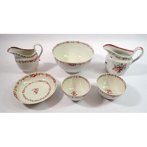 177 - A late 18th century matching New Hall sugar bowl, jug, two tea bowls and saucer plus another jug wit... 