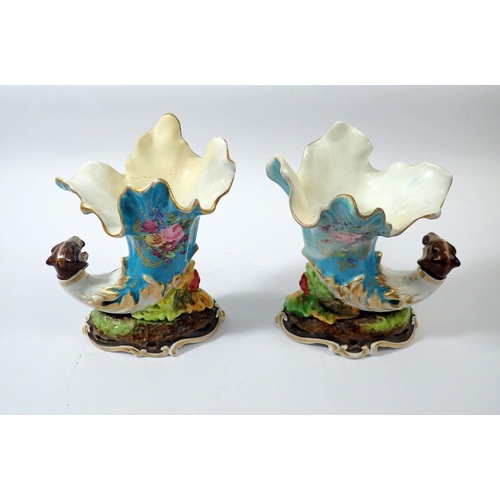 19 - A pair of 19th century cornucopia vases painted flowers plus a small blue and white onion pattern be... 