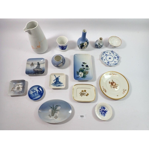 193 - A group of Copenhagen porcelain including vase, jugs, pin dishes etc