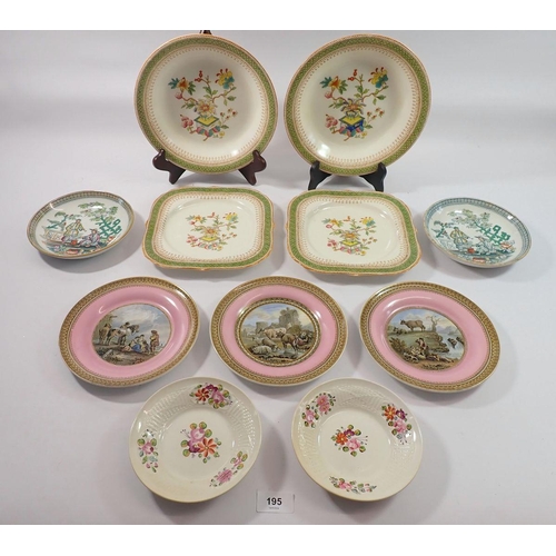 195 - A Royal Worcester part dessert set, two 'Pekin' saucers, two floral painted creamware saucers and tw... 