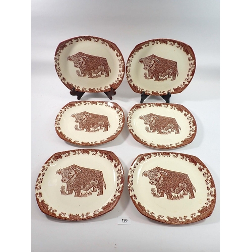 196 - A set of six English Ironstone steak plates printed bulls