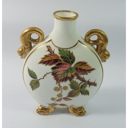 21 - A Victorian moon flask vase painted spring and autumn blackberries to each side, with gilt dolphin m... 