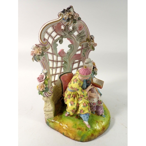 211 - A 19th century Meissen style group of Chinese couple seated reading in floral and scrollwork bower, ... 