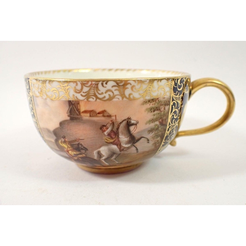 212 - A Meissen cabinet cup painted scenes of men fighting on horseback alternating with blue and gilt res... 