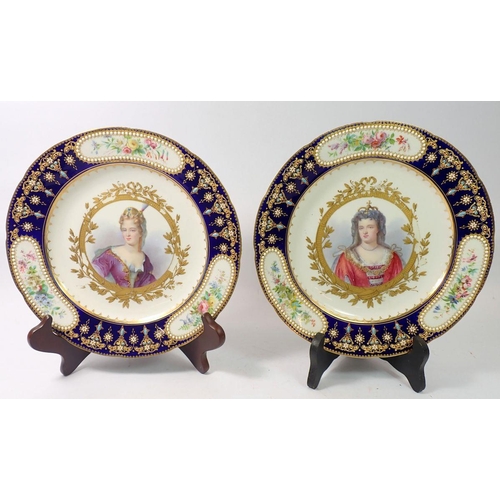 218 - A pair of 19th century Sevres cabinet plates depicting Queen Anne of England and Duchess of Maine, 2... 