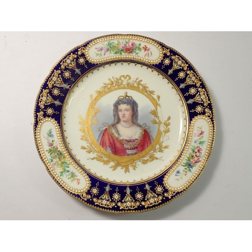 218 - A pair of 19th century Sevres cabinet plates depicting Queen Anne of England and Duchess of Maine, 2... 